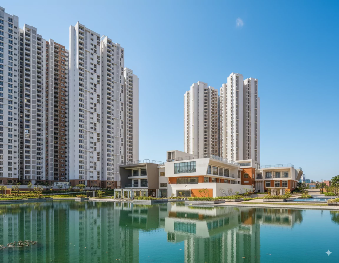 Prestige Horizon Heights main tower elevation with water-facing foreground